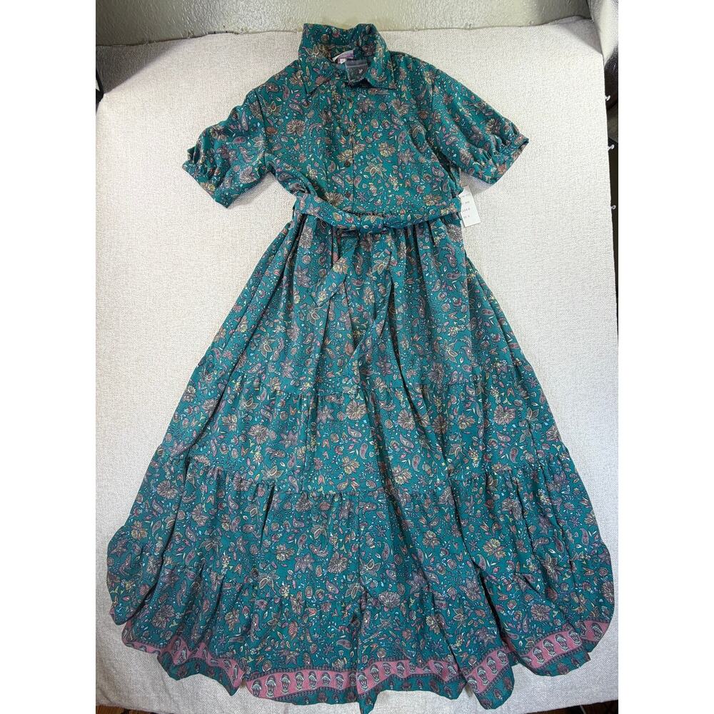 Anthropologie Teal Paisley Tiered Midi Dress